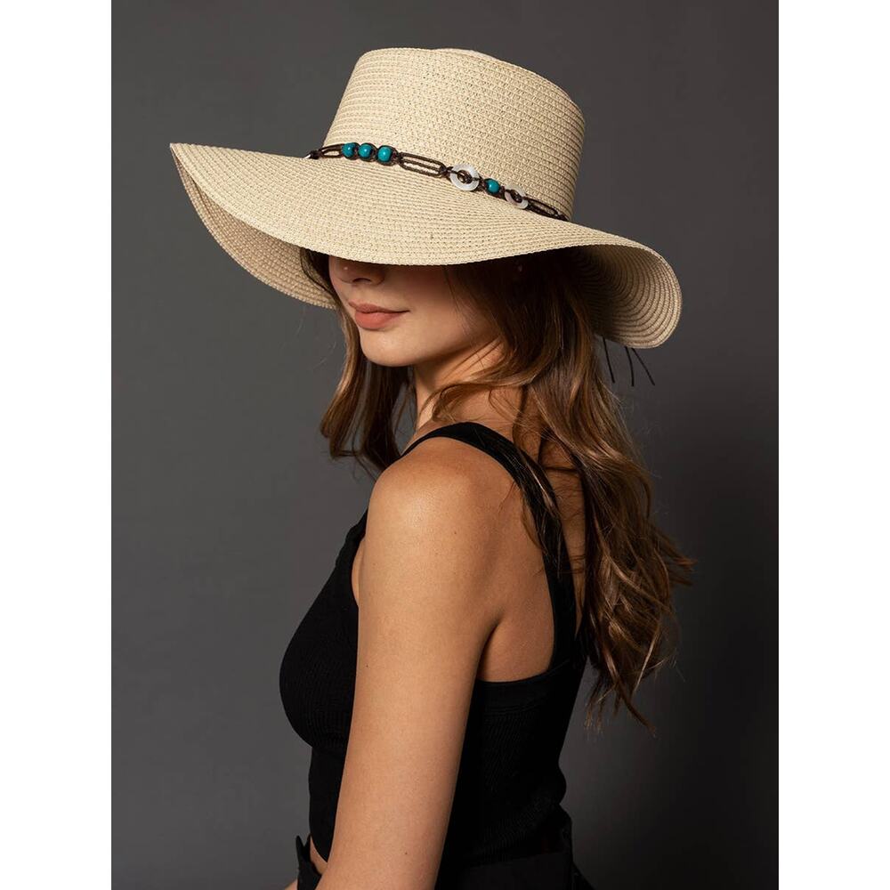 Brianna Wide Brim Boater Hat w/ Beaded Trim